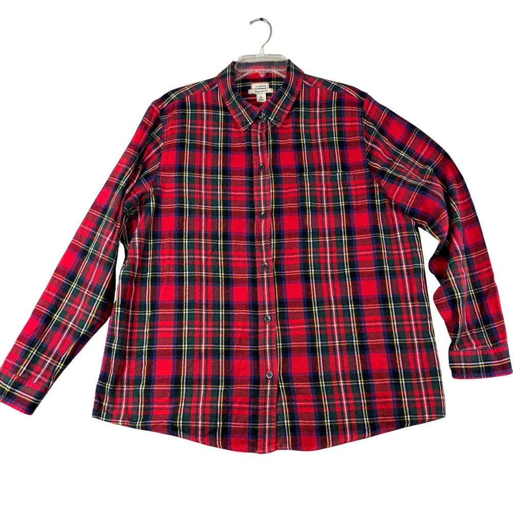 LL Bean XL Red Plaid Flannel Shirt Relaxed Fit Cotton Button Down Stewart Tartan